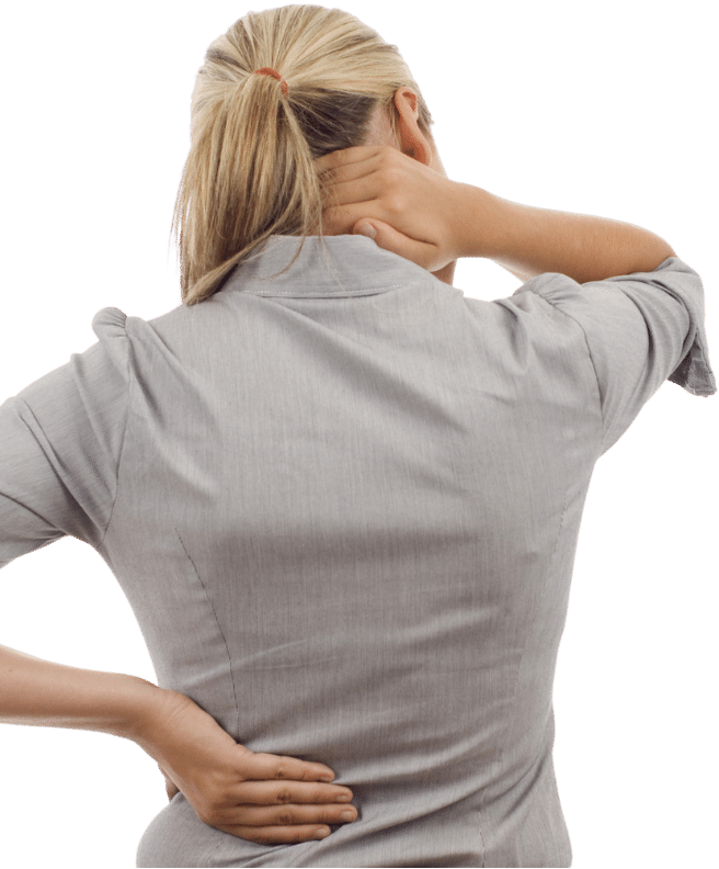 Woman with back pain holding her lower back